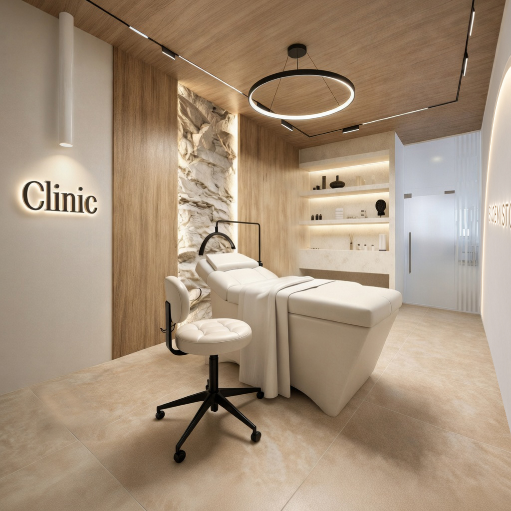 Elara Clinic — treatment room with stone feature wall